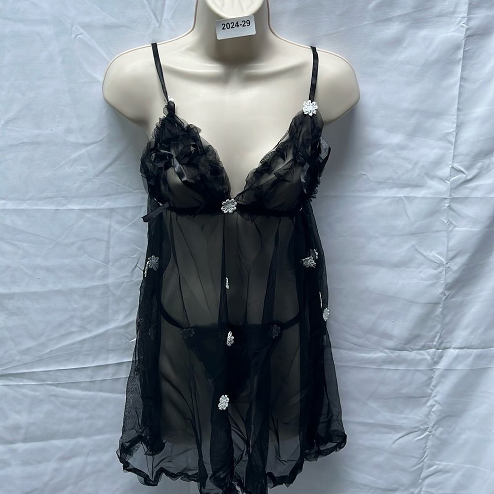 2pc black white flower open back babydoll style lace lingerie